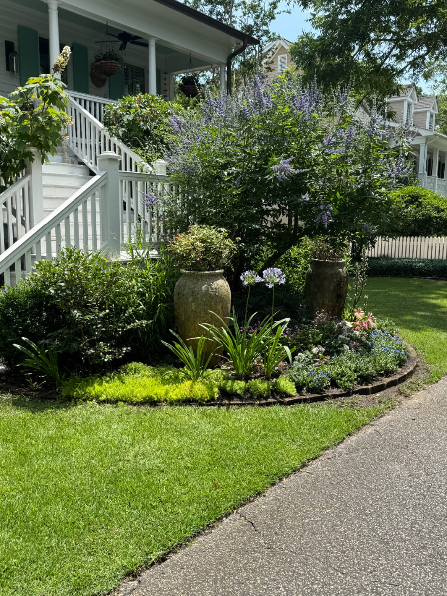 Layered cottage garden with flowering shrubs and decorative urns