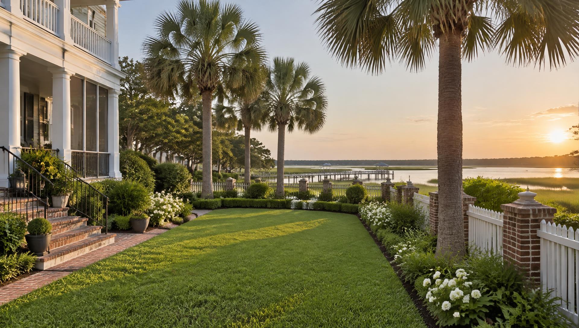 Coastal estate lawn and palm trees leading toward the water at sunset